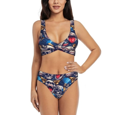 Zeuib rock Skull blue record High Waisted Tummy Control Bikini Set - Knot Front Push Up Top & Cheeky Thong Bottom  Two-Piece Swimsuit for Women-Large