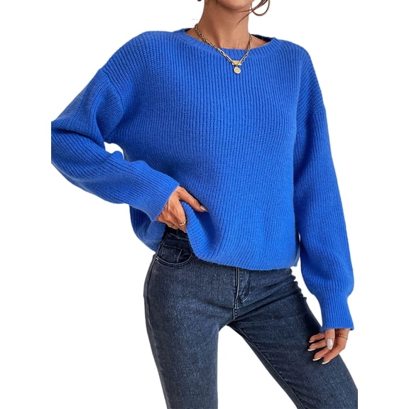 Women Solid Crew Neck Cropped Drop Shoulder Oversized Long Sleeve Soft Knit Sweater 102 - Royal Blue S