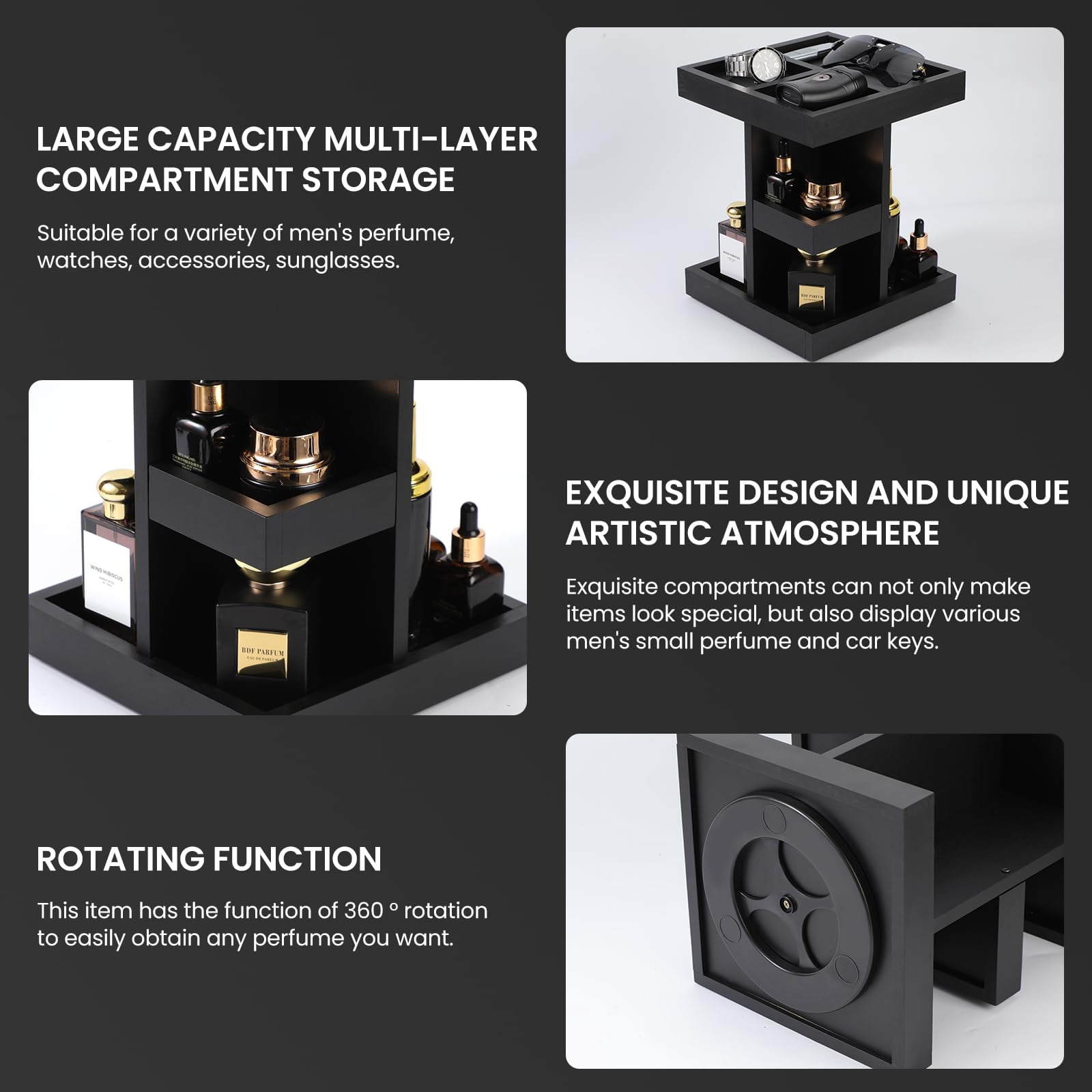 Cologne Organizer for Men, 3 Tier Rotating Perfume Organizer with Wood Display Shelf and Non Slip Base
