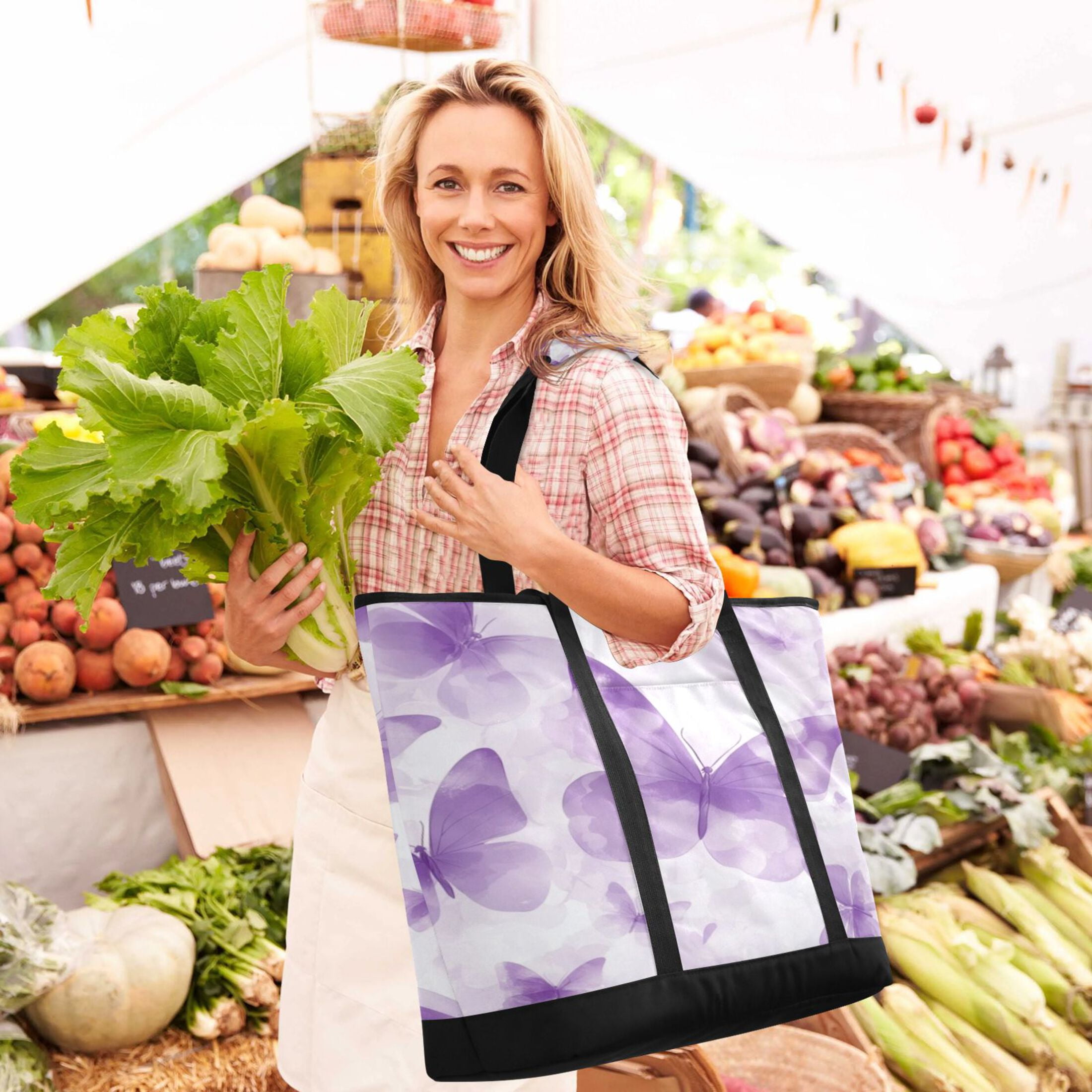 Large Hand-held Ice Pack Picnic Bag Insulation and Refrigeration Suitable for Shopping Picnics and Camping Pretty Big Purple Butterfly