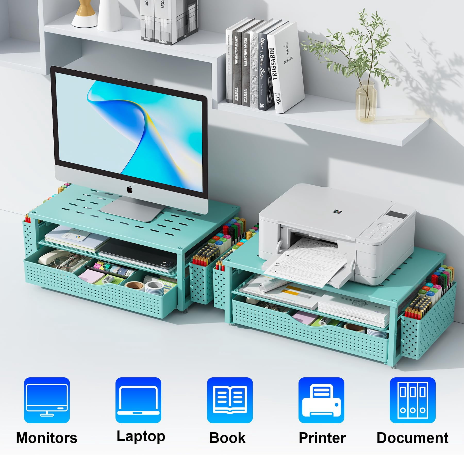 Desk Organizers And Accessories  Monitor Stand With Drawer 2 Pen Holder Desktop Organizer Suitable For Offices Dormitories (blue)