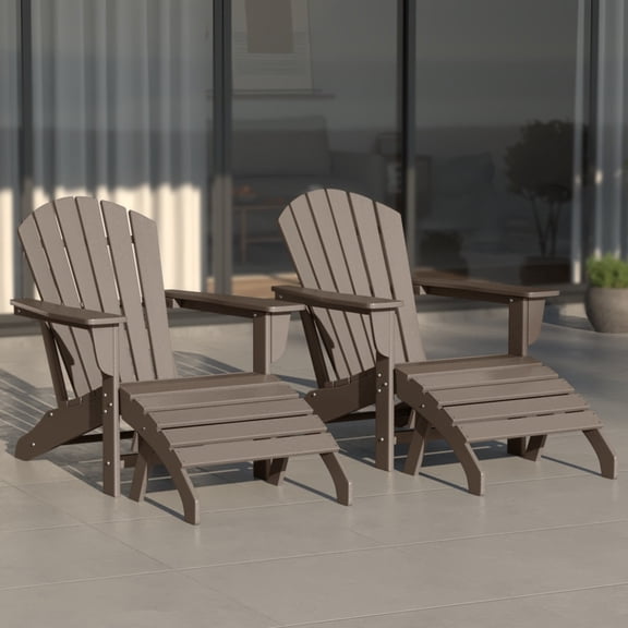 WestinTrends Dylan Outdoor Lounge Chairs Set of 2, 4 Pieces Seashell Adirondack Chairs with Ottoman Set, All Weather Poly Lumber Outdoor Patio Chairs Furniture Set, Weathered Wood