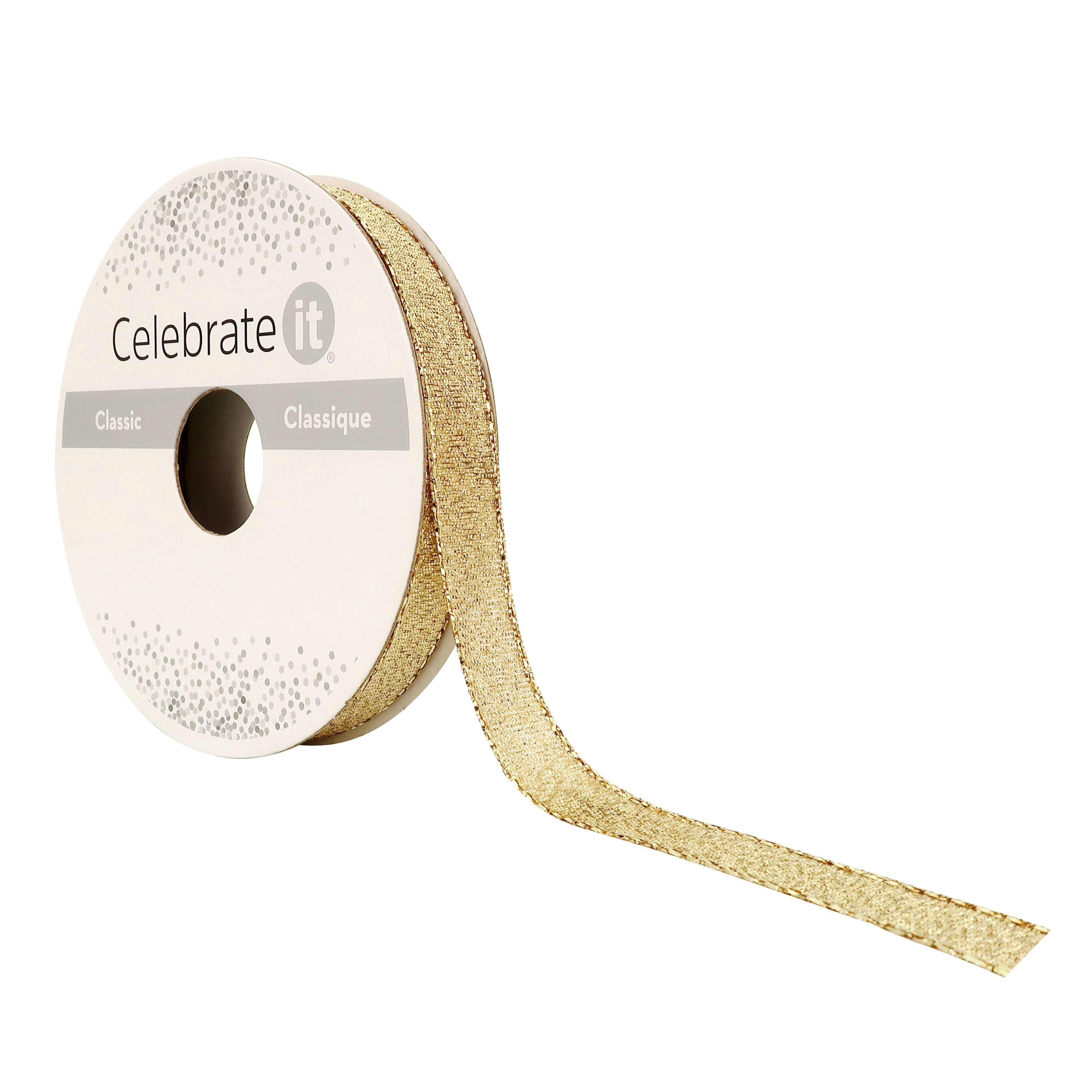 3/8" x 7yd. Gold Metallic & Sheer Ribbon by Celebrate It – Non-Wired Woven Selvage Edge - Ideal for Gift Wrapping - Baskets & Crafts - 12 Pack
