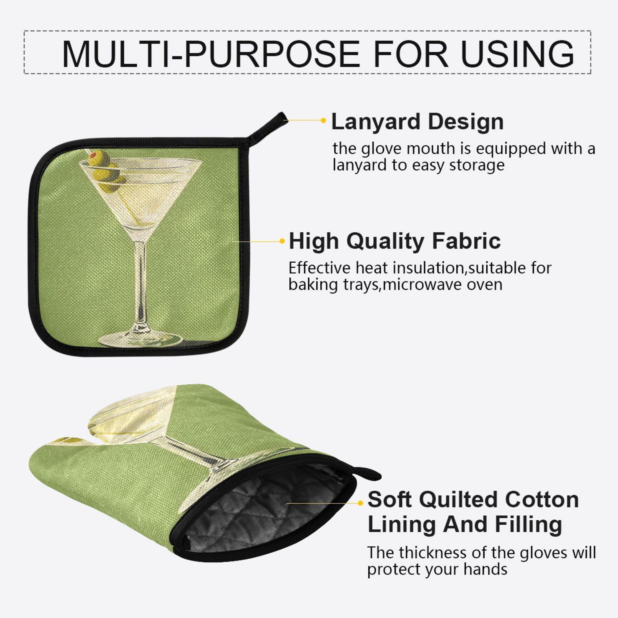 Yayeee Oven Mitts and Pot Holder Set of 4 Heat Resistant Kitchen Gloves Baking Hot Pad, Martini with Olive