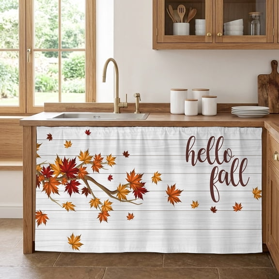 Maple Leaves Fall Cabinet Curtain 28"Wx51"L,Dustproof Storage Cabinet Curtain with Self Adhesive Tape,Thanksgiving Botanical Branches Wooden Tall Pantry Cover Drape for Kitchen,Utility Closet