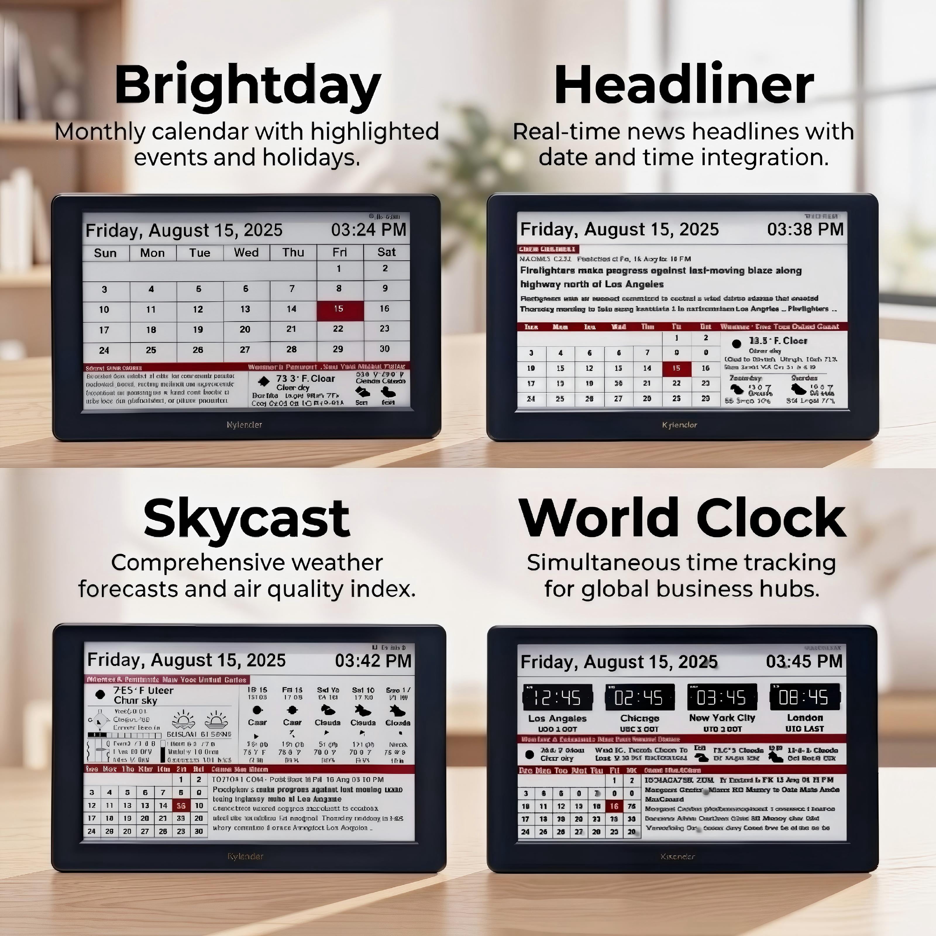 Kylendar 7" E-Ink Digital Desk Calendar with Weather and World Clock, Black
