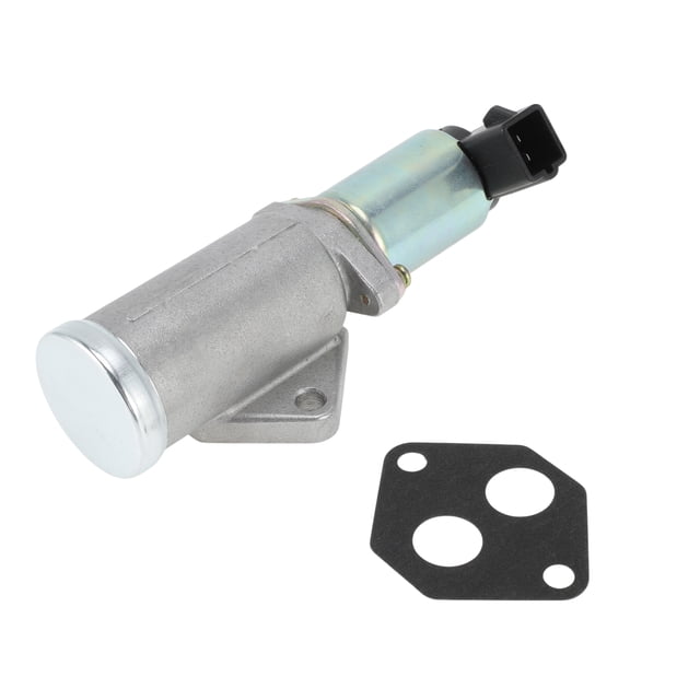 válvula de control de aire en reposo para ford explorer 1991-1994 y ranger 1990-1995 válvula IAC tono plateado de metal y plástico, vista cenital con conector de 2 pines negro y junta plana incluida; dimensiones 13.9x6.5cm (5.5x2.6in) y orificio de montaje 0.7cm. Reemplaza OE E7TZ9F715A/E9TZ9F715B; adecuada como repuesto de taller para pruebas de ralentí.