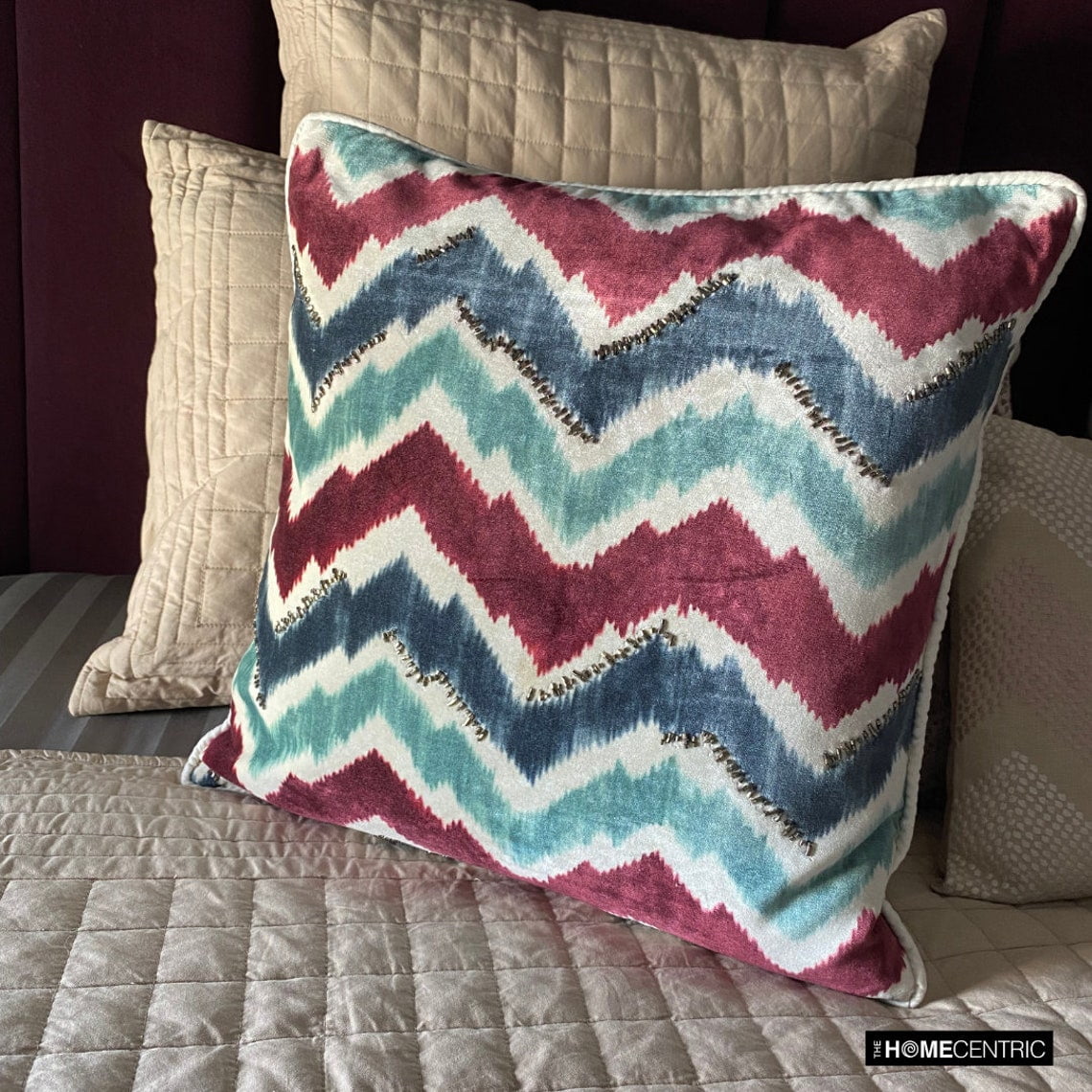 The HomeCentric Decorative Throw Pillow covers Blue 14"x14" (35x35 cm) Velvet Printed, Chevron, Bead Embroidery Outdoor furniture Cushion cover, Chevron Modern Style - Chevron Groove