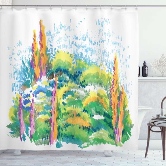 Fine Art Shower Curtain, Natural Floral Meadow Landscape with Trees on the Hill August Season Watercolor, Fabric Bathroom Set with Hooks, 69W X 70L Inches, Multicolor, by Ambesonne