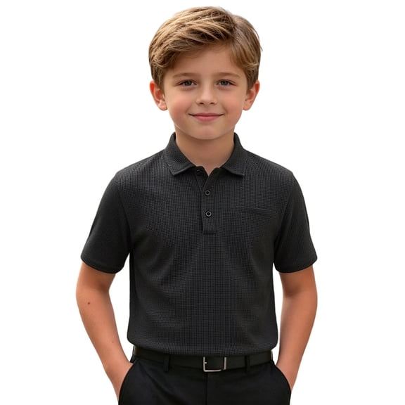 shoper Boys Polo Shirts size 6 School Uniform Short Sleeve Tops, Button Closure, Textured Shirt Stretchy Quick Dry Casual Golf Black