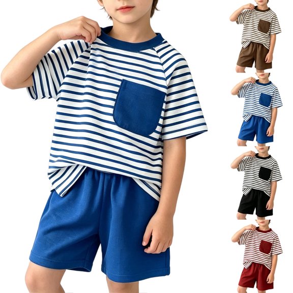 Afuyipoi Boys Girls 2-Piece Summer Outfit Set (0-10 Years) Striped Knit Short Sleeve T-Shirt with Pocket and Casual Shorts For Toddler Blue 3T