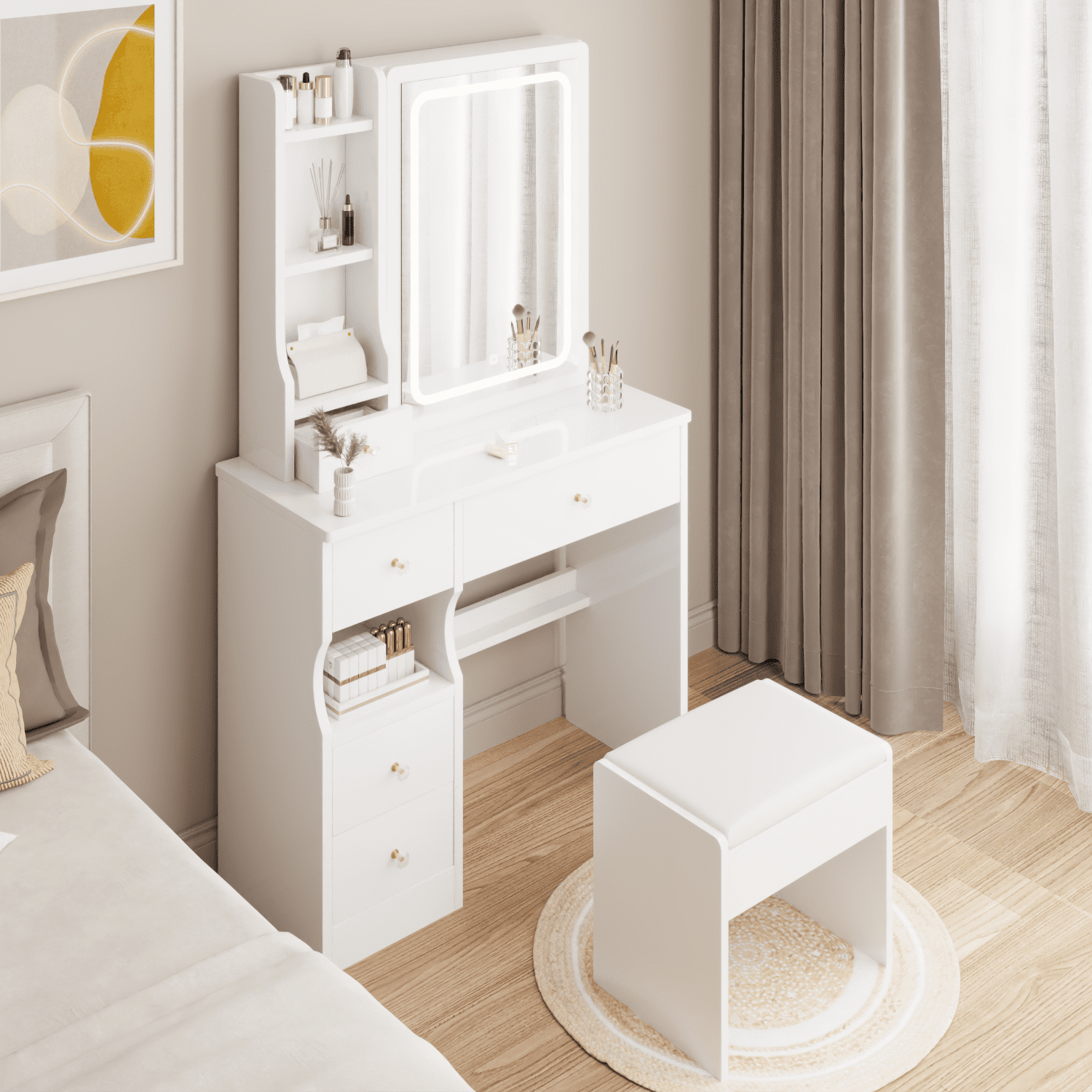 Resenkos Lighted Vanity Desk Makeup Table for Bedroom Furniture, Dressing Table with Mirror for Women, Girls