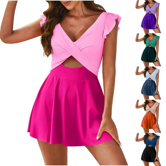 Dxzfnsa Women's Swimsuits V Neck Cutout Ruffle Swim Dresses Plus Size Womens Trendy Solid Color Bathing Suits