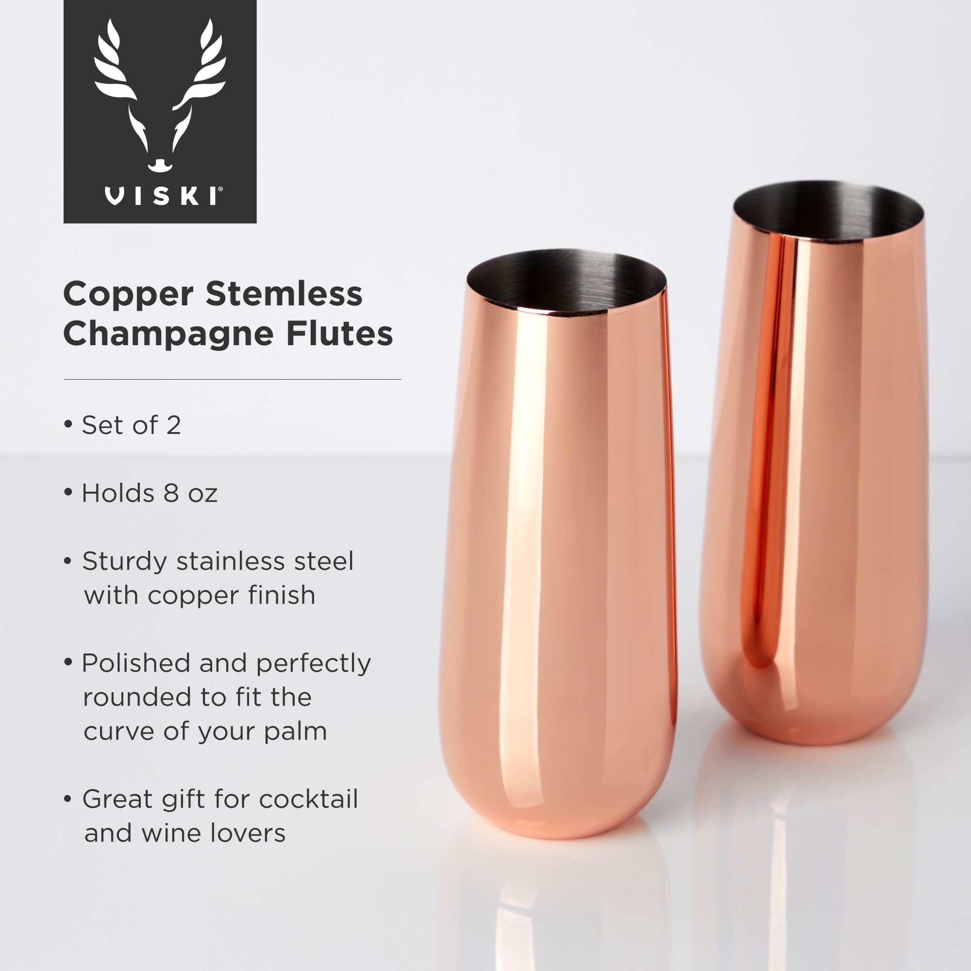 Viski Stainless Steel Champagne Flutes, Wedding Gifts 8oz Set of 2, Copper