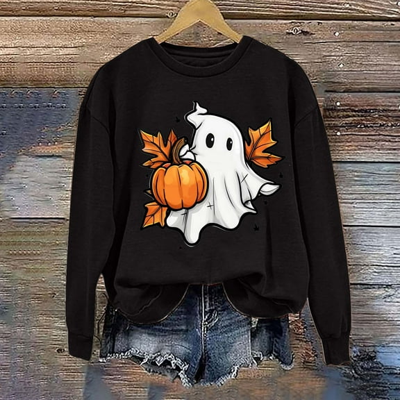CLOISE Halloween Women Sweatshirt Funny Ghost Graphic Pullover Sweatshirts Fall Long Sleeve Crewneck Hoodies Shirts Casual Blouses Holiday Party Clothes Black XL Trick