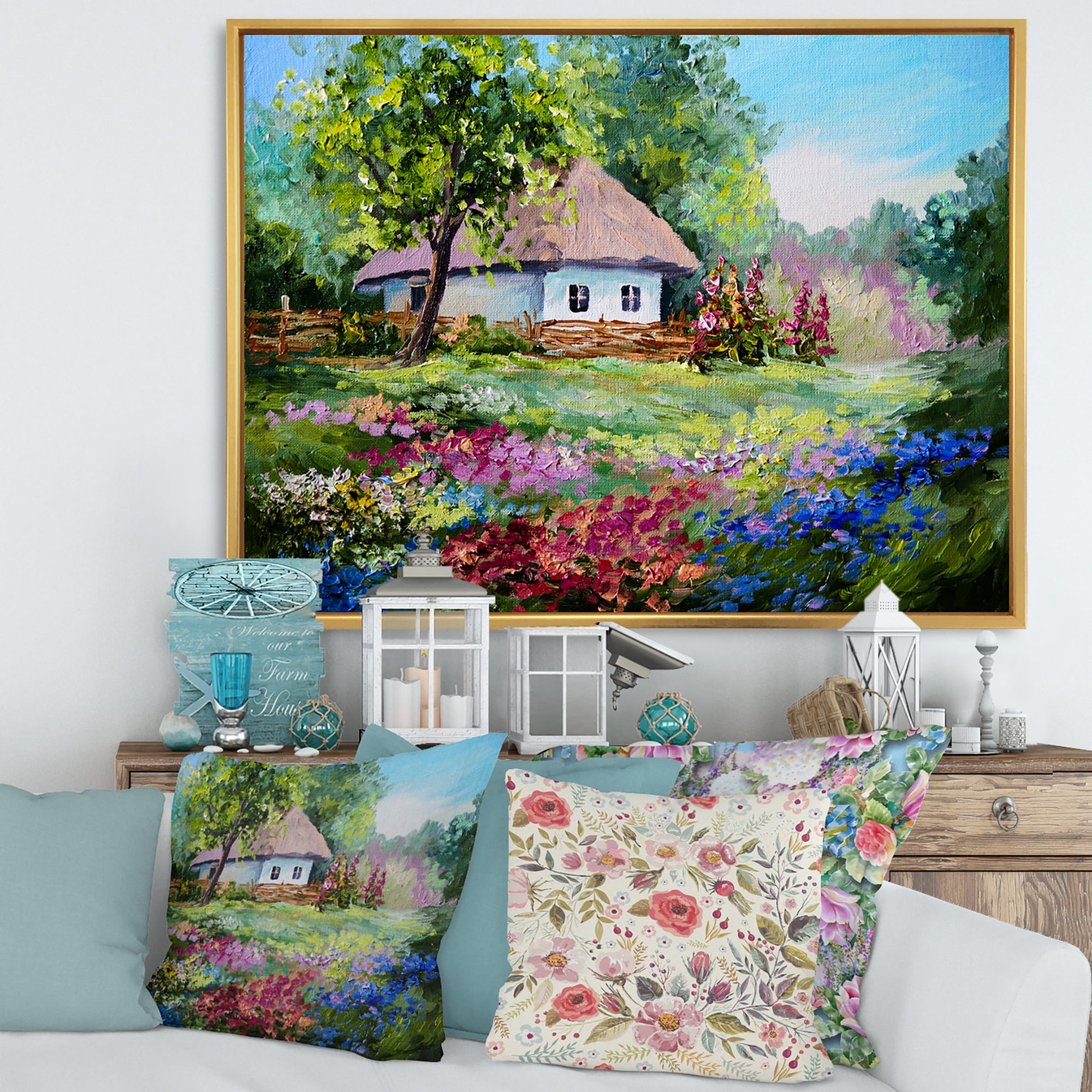 House With Blossoming Flowers On The Mountain I 32 in x 16 in Framed Painting Canvas Art Print, by Designart