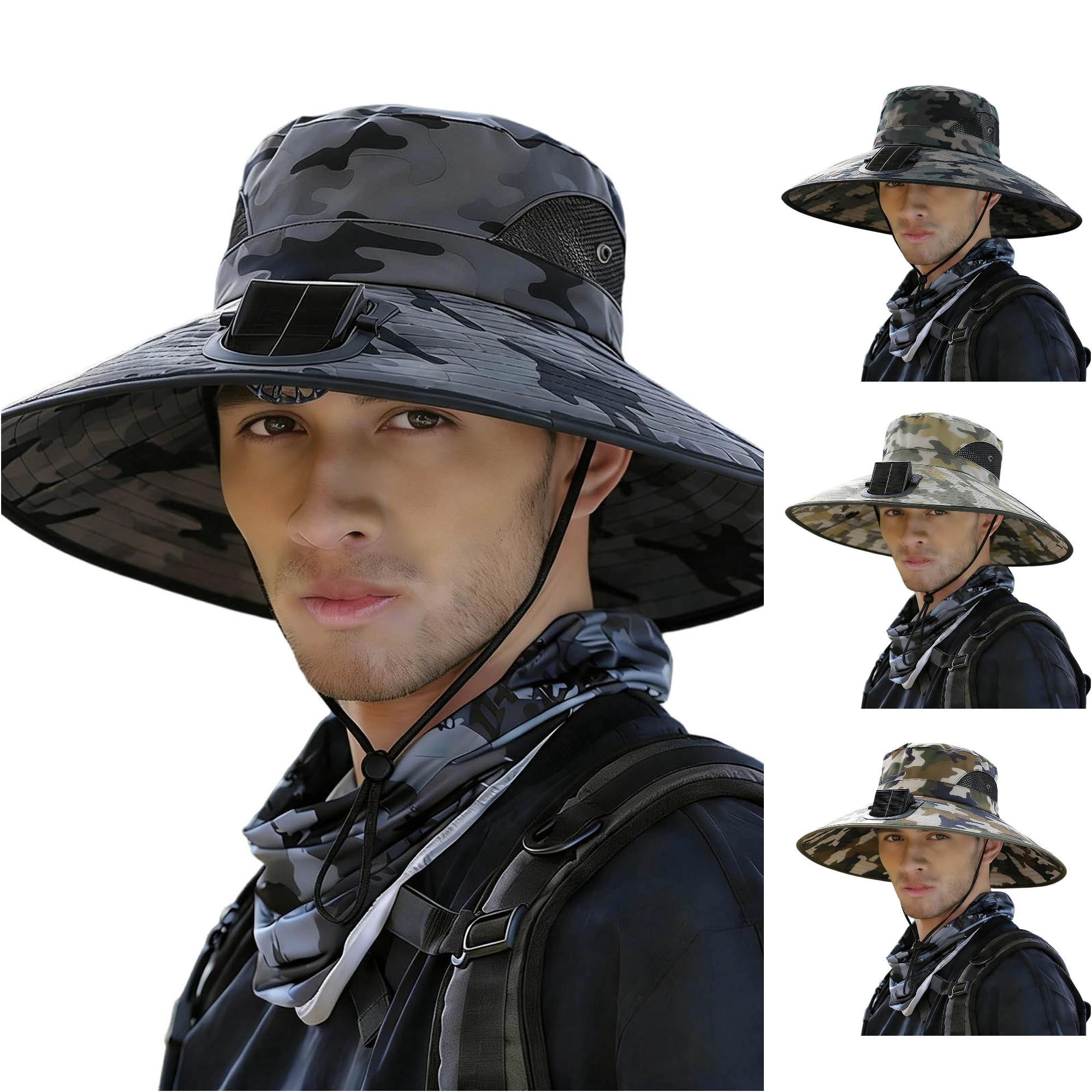 Xijirk Mens Boonie Hat with Solar Fan Wide Brim Mesh Vent Adjustable Chin Strap Hat for Fishing Gardening Outdoor Work Dark Gray One Size