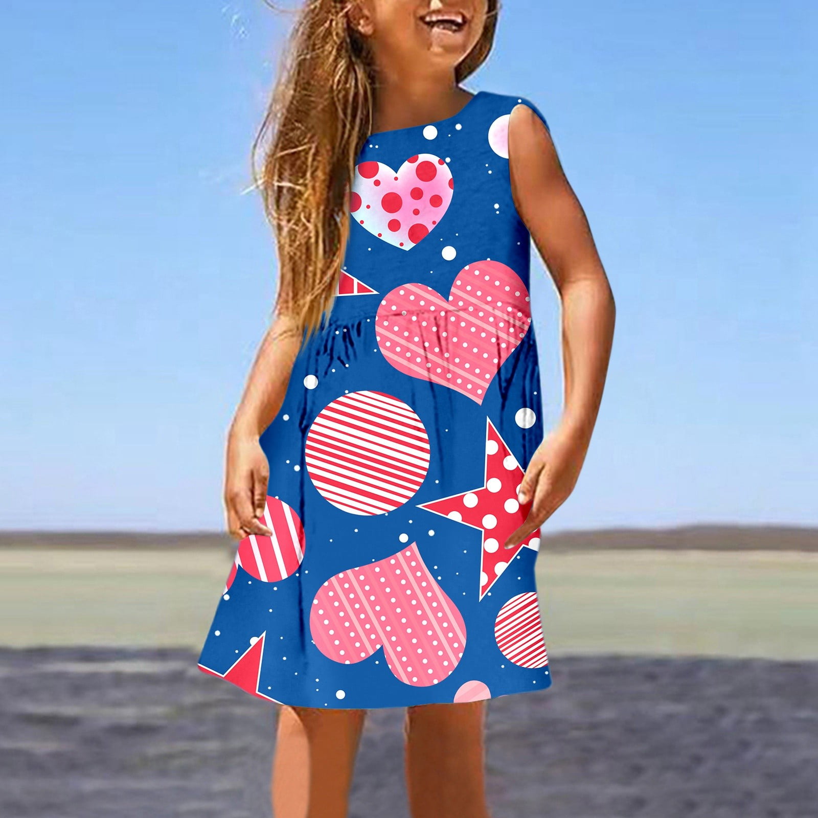 Kids Dress 4Th Of July Sleeveless Patriotic Flag Print A Line