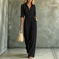 thumbnail image 2 of Wenini Women's Lapel Collar Button Cotton Linen Jumpsuit 3/4 Sleeve Wide Leg Solid Jumpsuit with Belted Waist, 2 of 7