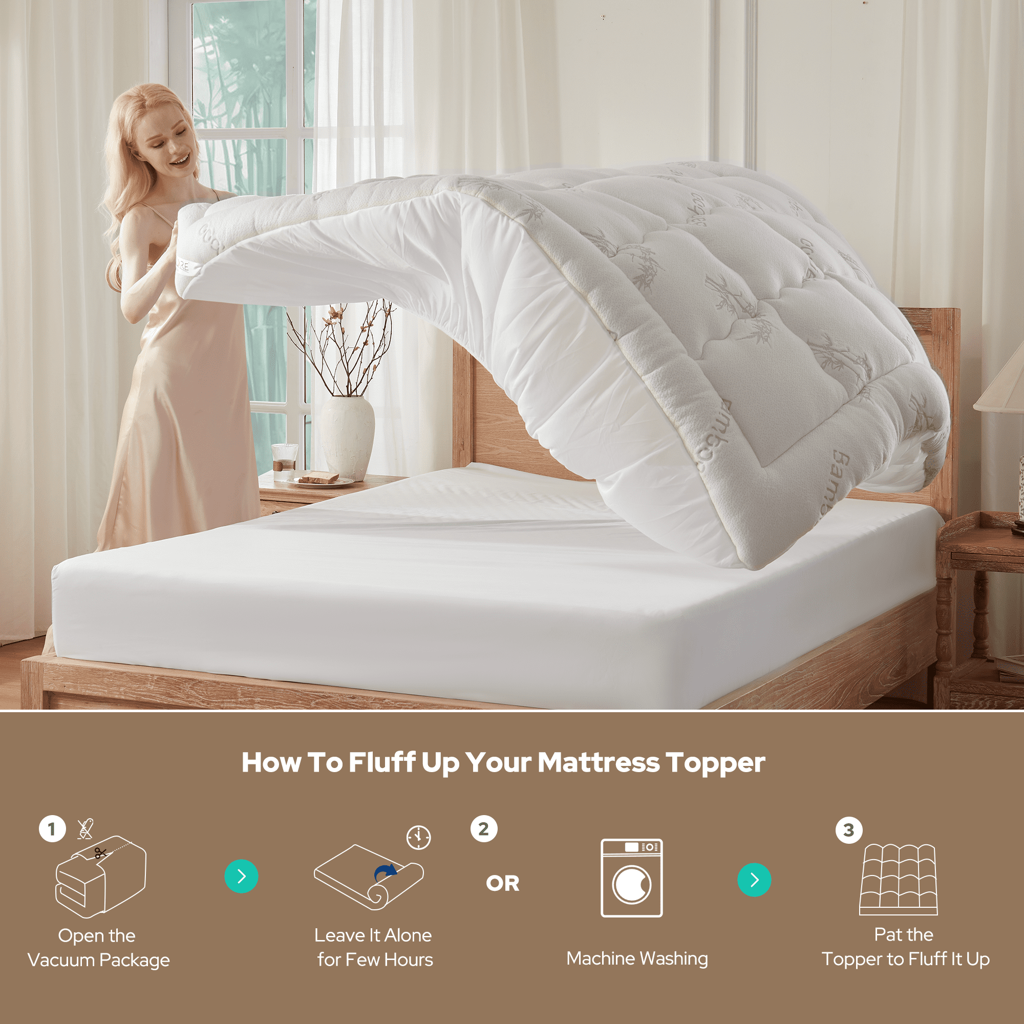 BEDLORE Full Mattress Topper, Bamboo Pillow Top Pad for Back Pain Relief, Thick Soft Mattress Cover with Deep Pockets 6-15 inch(White)