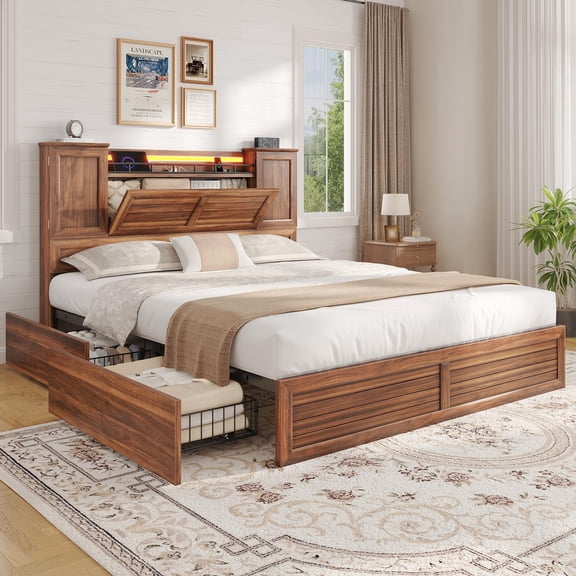 Farmhouse Bed Frame Full Size with Headboard Storage and LED Lights, Wooden Platform Bed with 4 Drawers, No Box Spring Needed, Brown