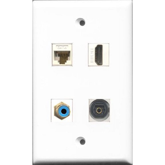 RiteAV 1 Port HDMI and 1 Port RCA Blue and 1 Port Toslink and 1 Port Cat6 Ethernet White Wall Plate