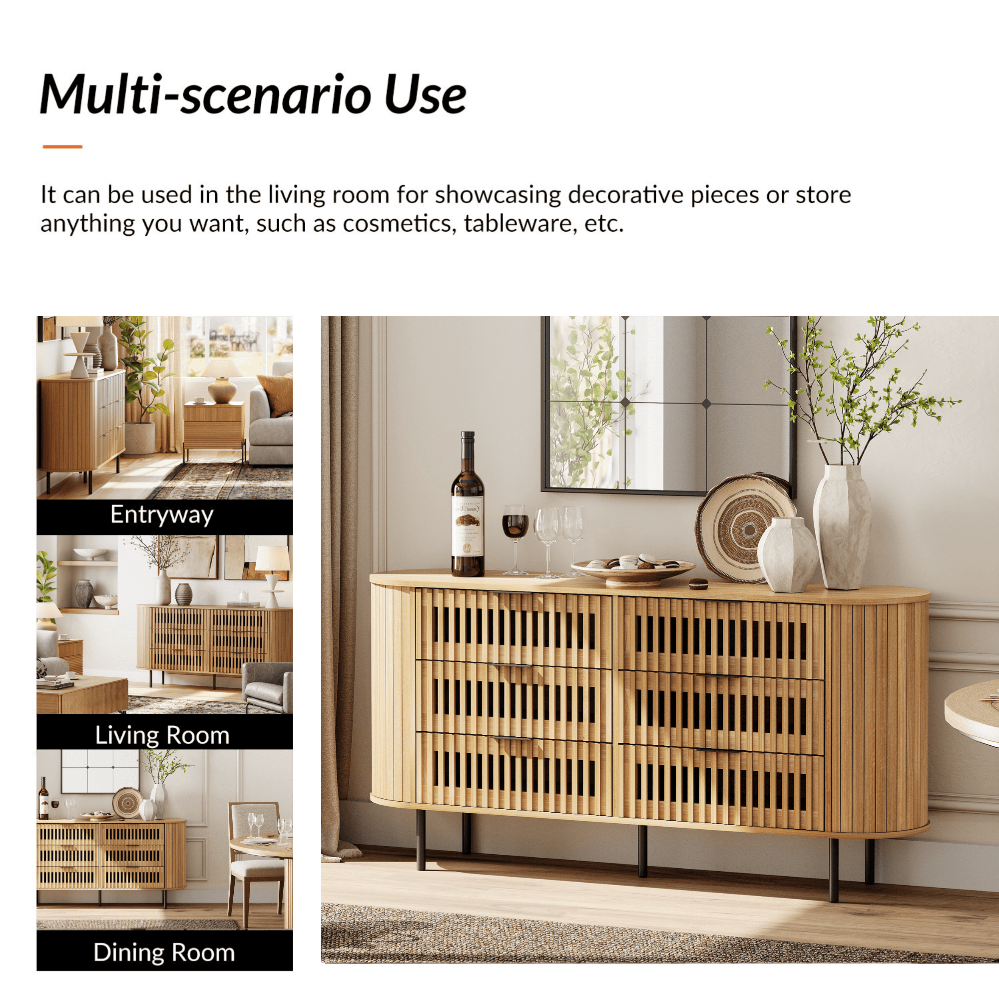 WAMPAT Fluted Dresser TV Stand for 70 Inch TV, Mid Century Modern Entertainment Center with Drawers, Oak