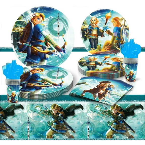 81-PCS The Legend of Zelda party tableware set, The Legend of Zelda party supplies include tablecloths, plates, napkins, cups, and cutlery. Suitable for girls and kids party decorations