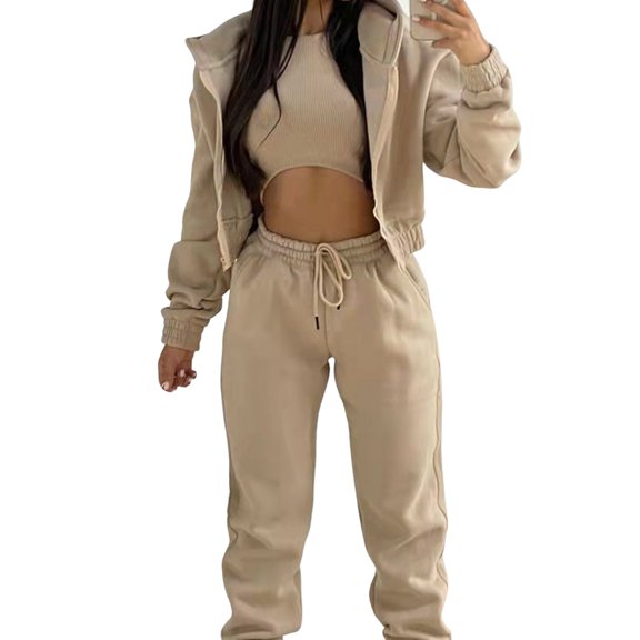 Quixlent 3 Piece Sweatsuits Set for Women Fleece Zip Up Hoodie Sweatshirt Tank Top Jogger Sweatpants Set Fall Casual Tracksuit Outfits
