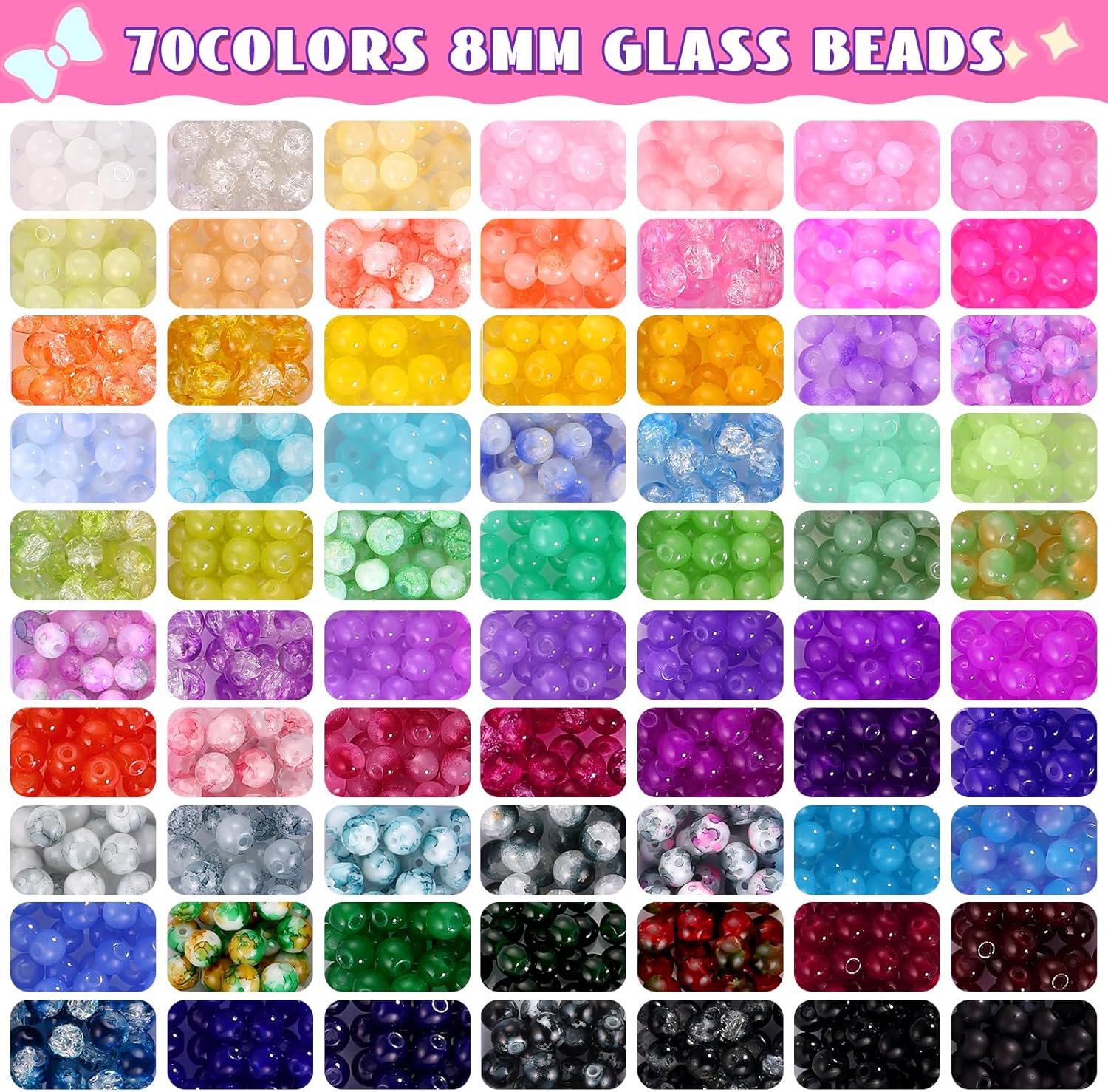 8mm Glass Beads Bracelet Making Kit, 1540pcs 70 Colors Crystal Beads for Jewelry Making, Round Glass Beads for Bracelets and DIY Crafts, Solid and Crackle Colors