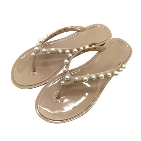 

Kukoosong Womens Sandals Summer Fashion Herringbone Pearl Slippers Craft Flip Flops ShoesFlat Sandals for Women Beige 42
