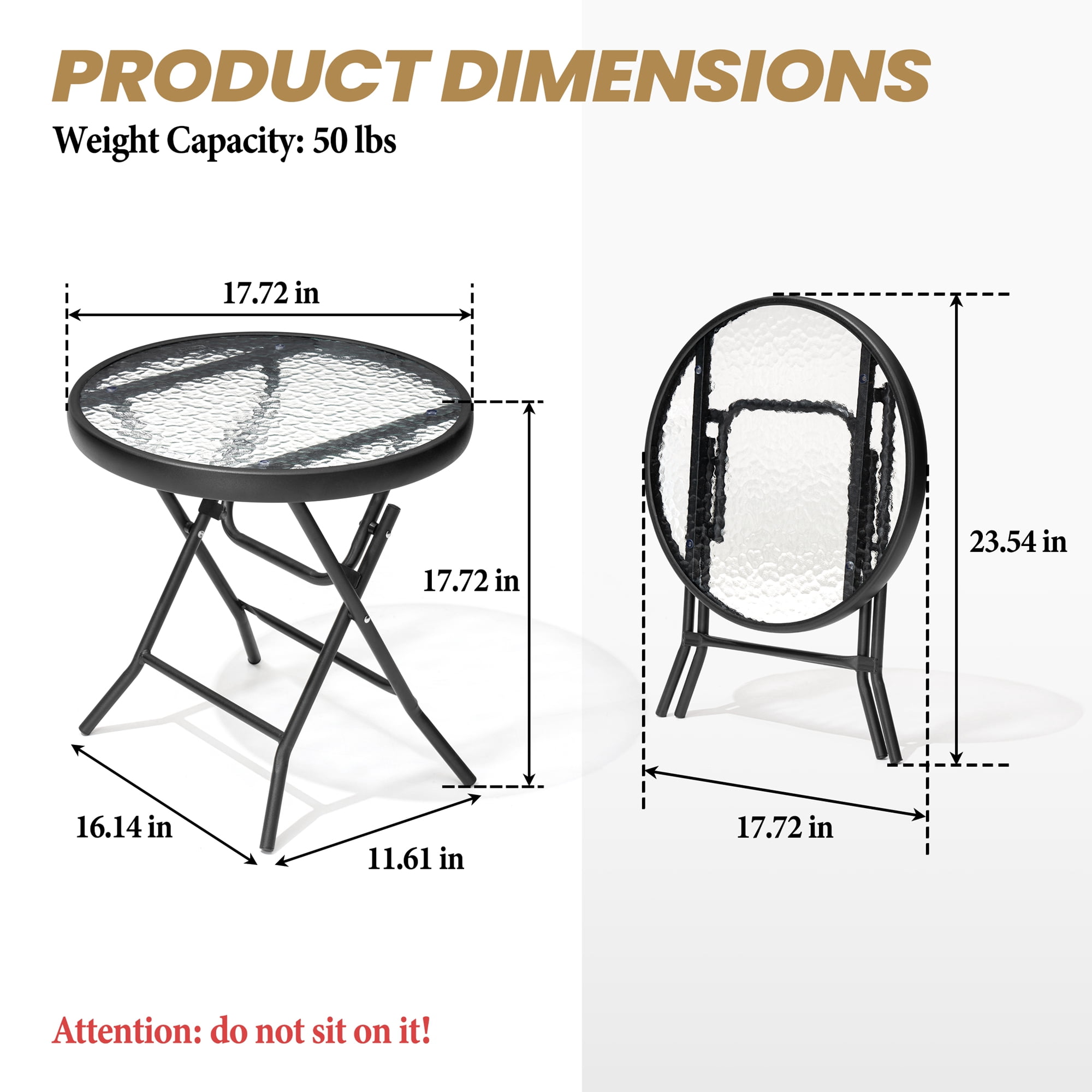 Crestlive Products Outdoor Side Tables Foldable Patio Side Table with Tempered Glass Table Top, Black