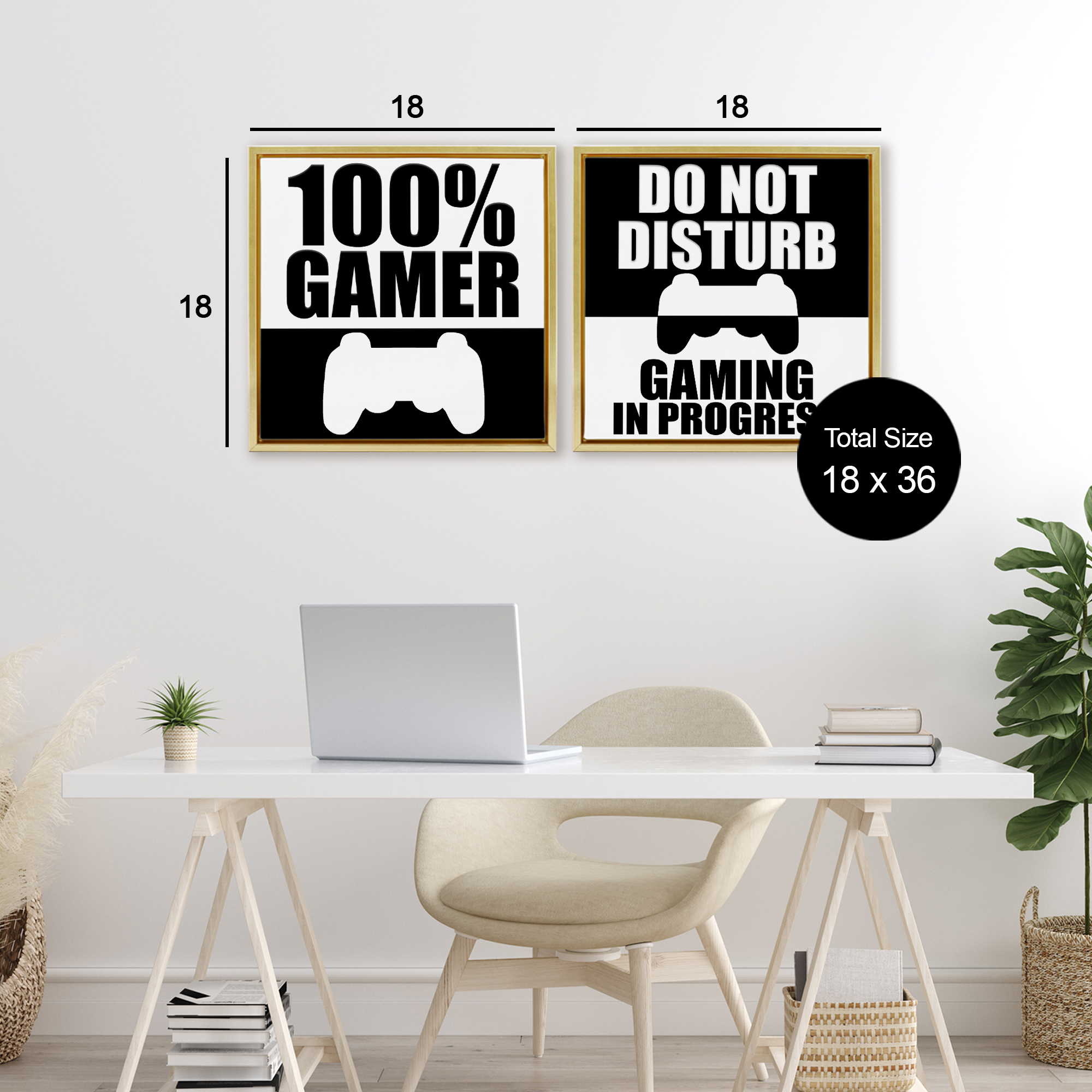 Competitive Gamer Black & White 2 Piece Gold Framed Floater Canvas Set, design by Kim Allen