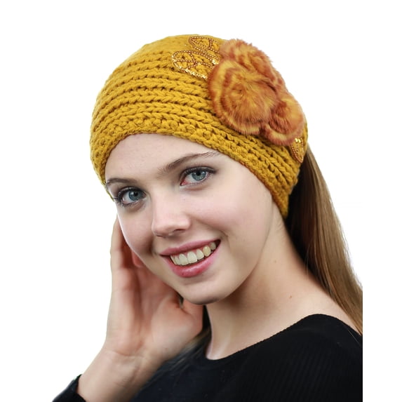 NYFASHION101 Hand Knitted Furry Flowers Winter Headband Headwrap - NAG324Y, Mustard