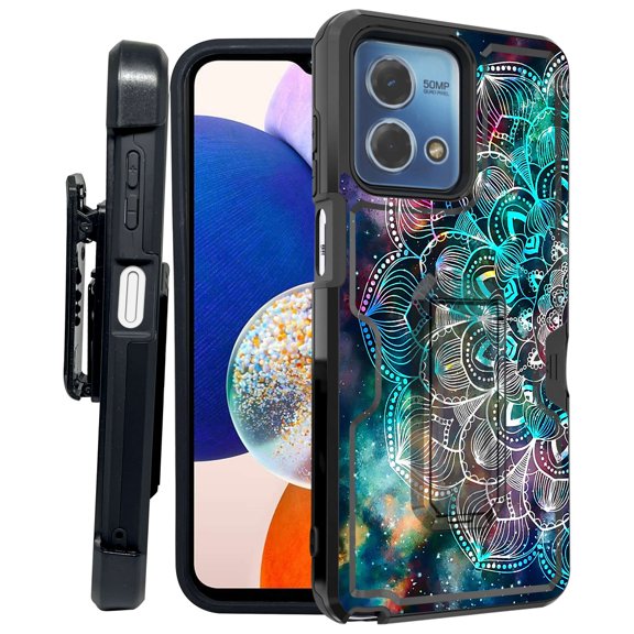 ANJ  Rugged Shockproof Kickstand Hybrid Case with Card Slot and Holster   Tempered Glass Cover for Motorola Moto G Stylus 5G (2023) - Mandala Galaxy