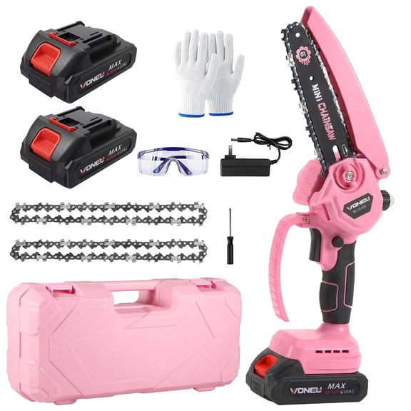 ZLieatmp 6-inch Electric Chainsaw,Handheld Mini Chainsaw for Wood Cutting Tree Trimming Includes 2 Chains & 2 Batteries, Pink