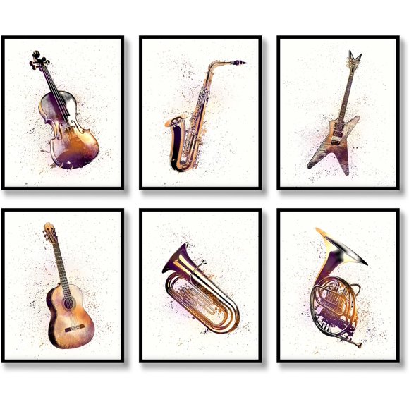 Music Wall Art Musical Instrument Prints Wall Decor Set of 6 Canvas Modern Posters Fashion Metallic Color Photos Pictures Violin,Saxophone,Electric Guitar,Wooden Guitar,Tuba,Horn (11"x14" UNFRAMED)