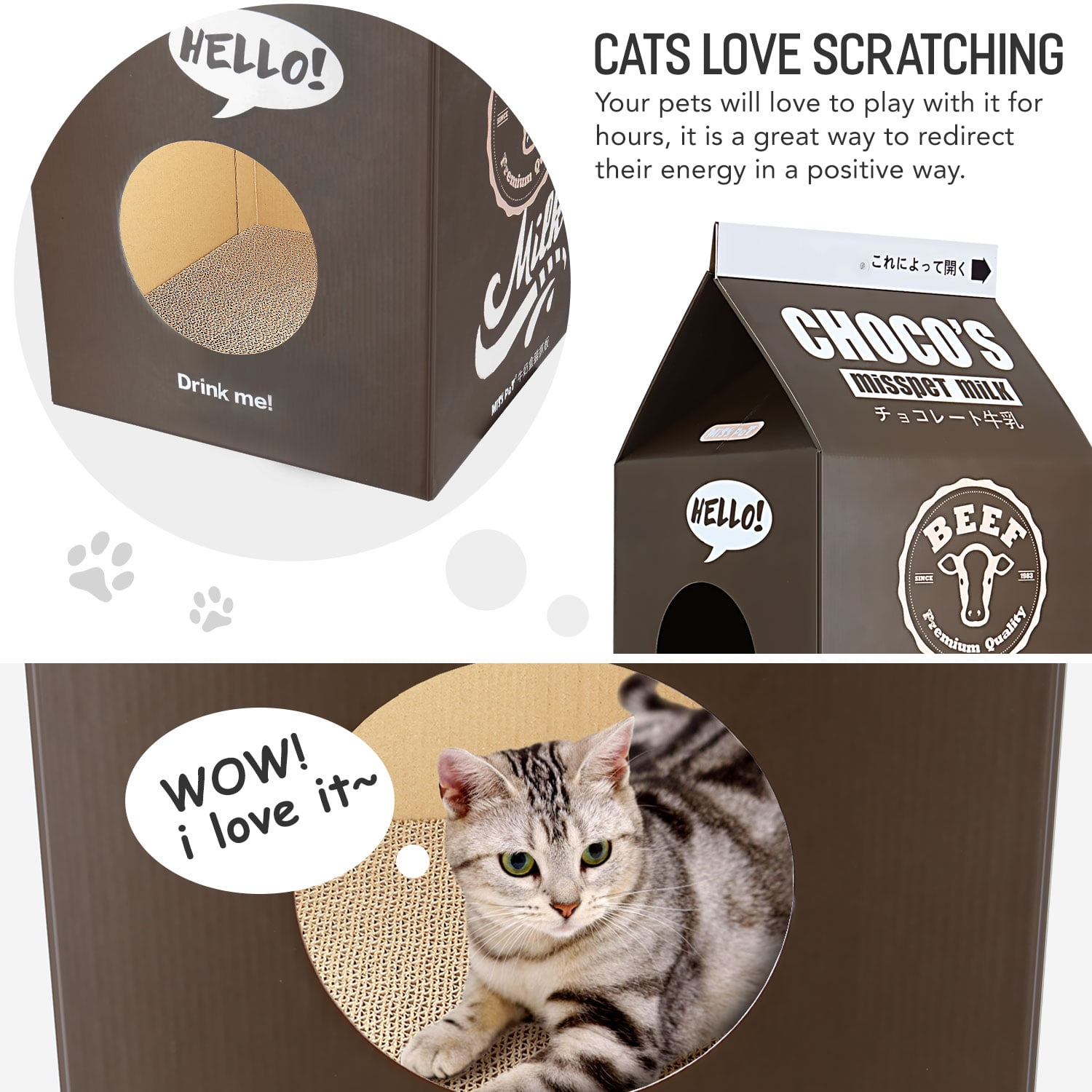 Pefilos 13" Cat Scratcher Cardboard House for Furniture Cat Condo, Milk Box Shape Cat Bed, Brown Pefilos 13" Cat Scratcher Cardboard House for Furniture Cat Condo, Milk Box Shape Cat Bed, Brown