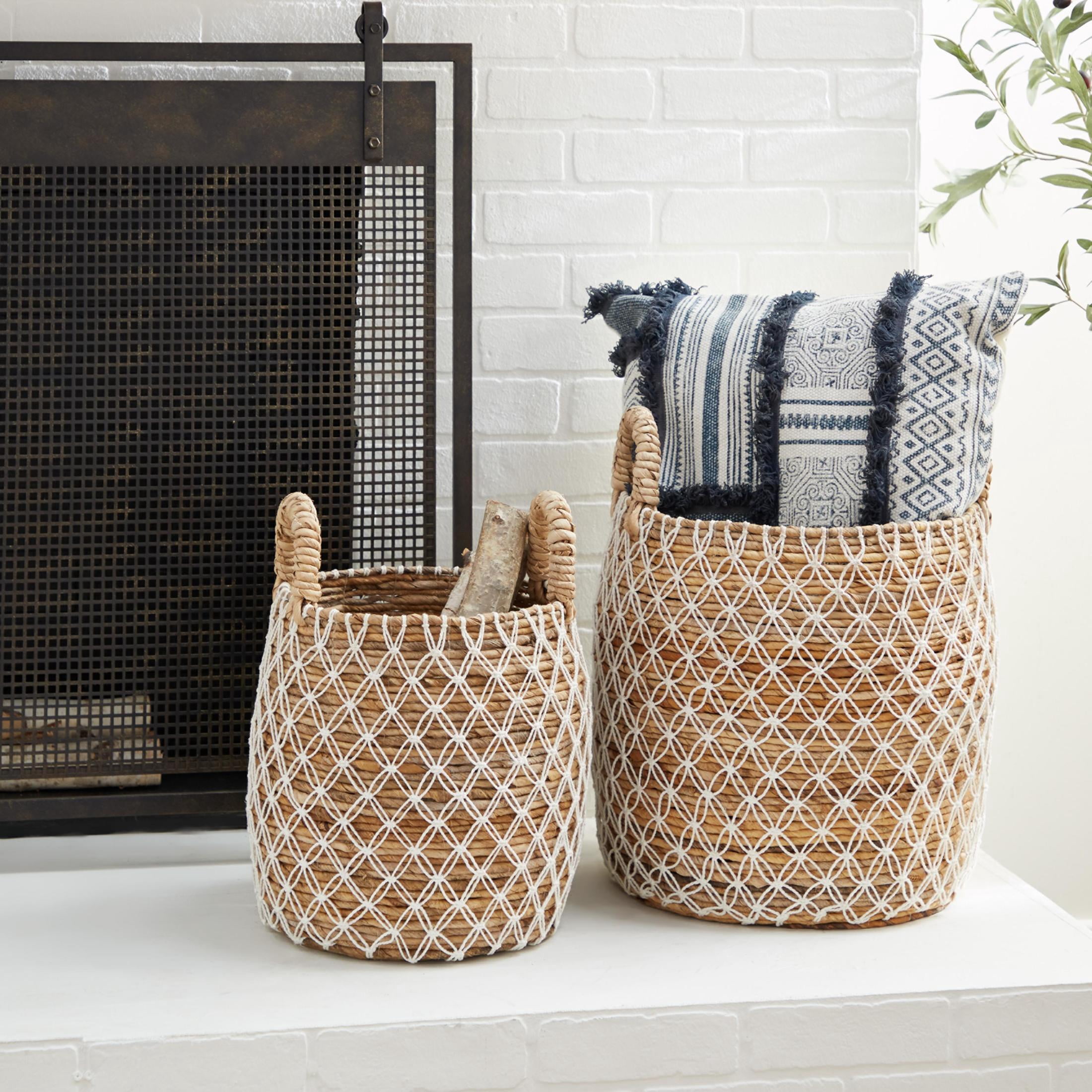 DecMode 19", 17"H Brown Banana Leaf Handmade String Detail Storage Basket with Handles, 2-Pieces