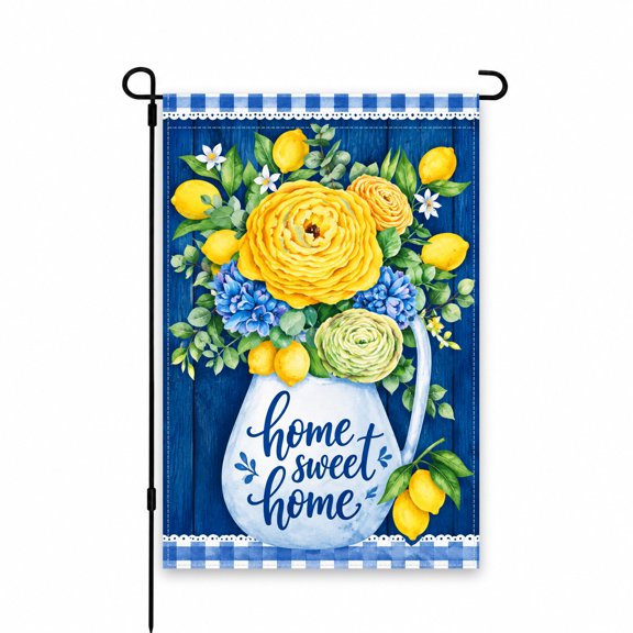 Garden Flag 12x18 Inch - Lemon & Floral Design with "Home Sweet Home" Text on Blue Background - Perfect Outdoor Decor for Porch, Patio, or Yard