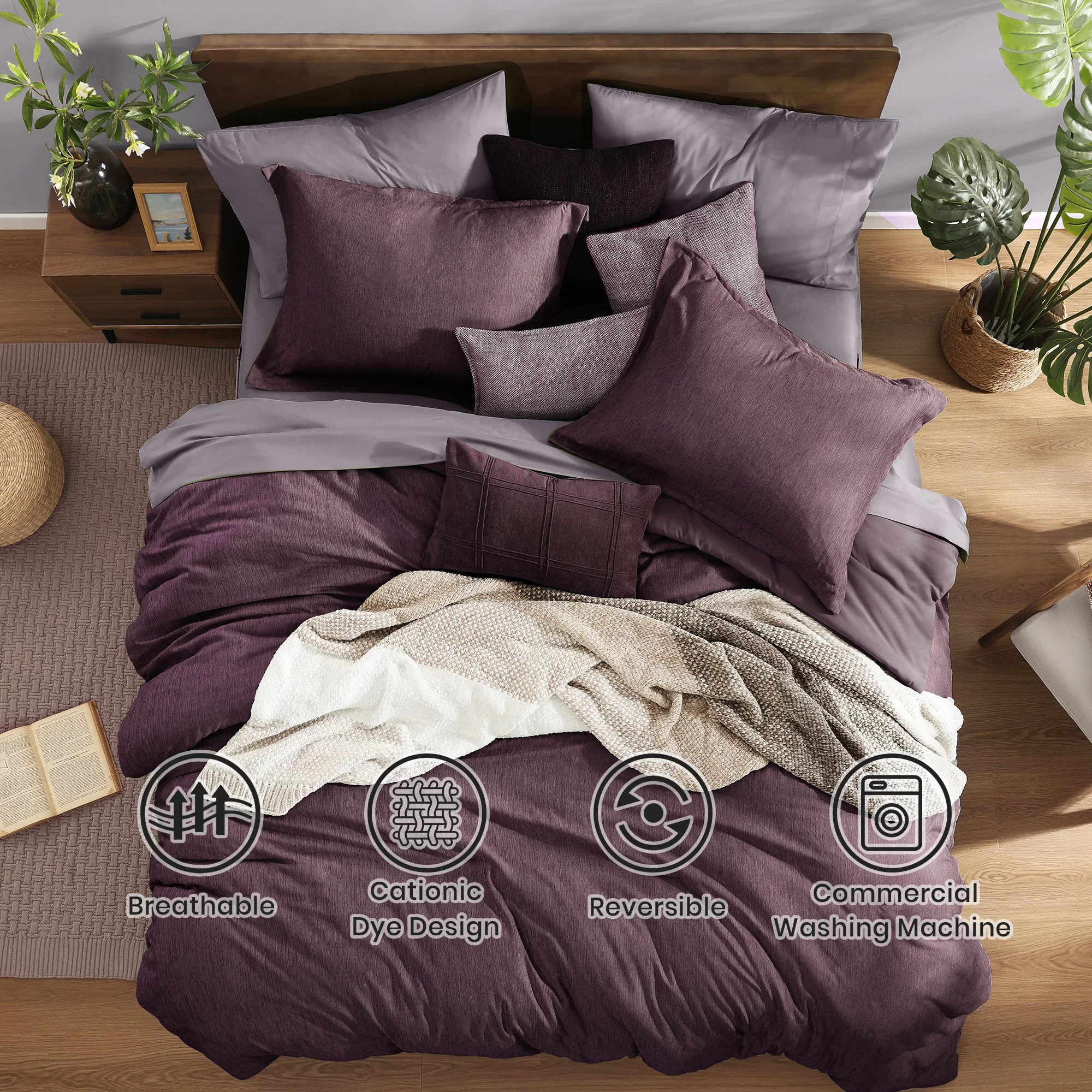 Catami Cationic Dyeing 7-piece Bed in a Bag Comforter Set with Sheets,Italian Plum,Queen