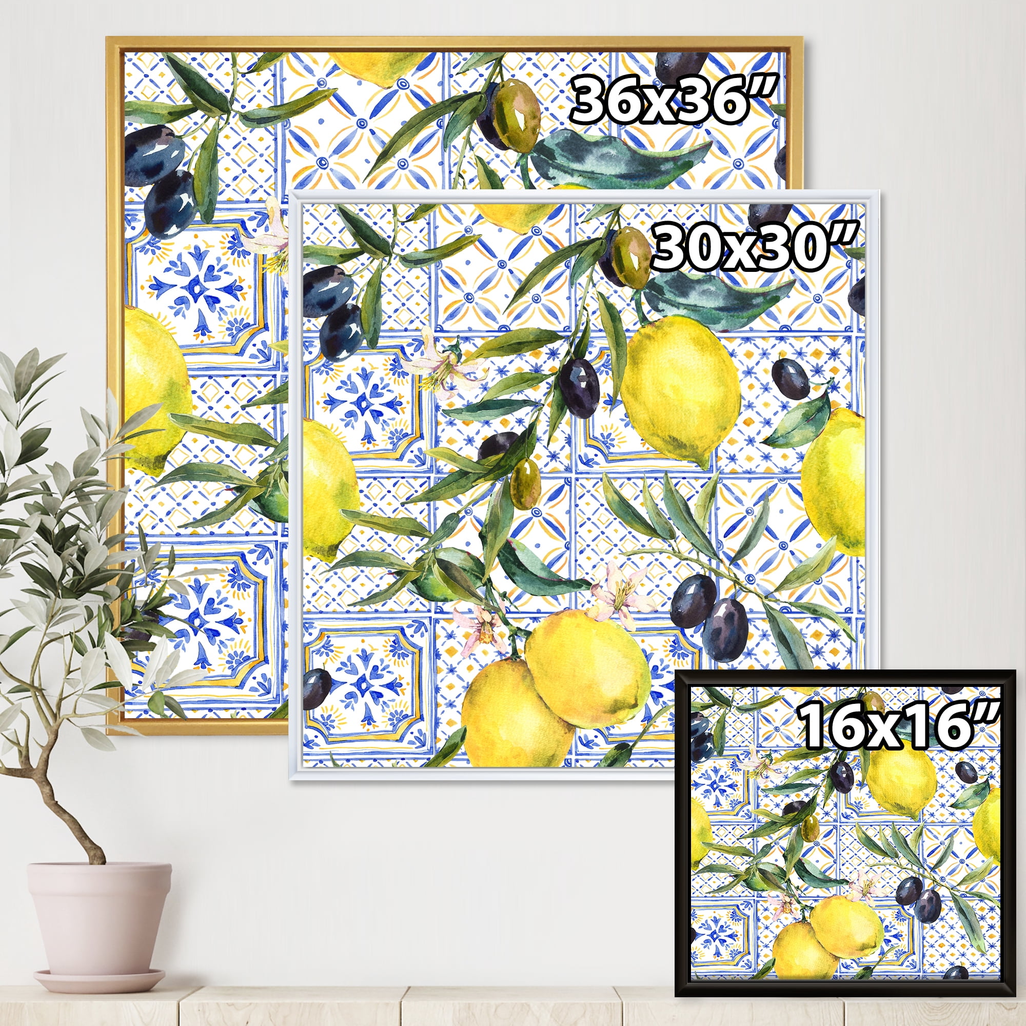 Designart 'Geometrical Pattern of Lemon Ornament On Blue III' Tropical Framed Canvas Wall Art Print