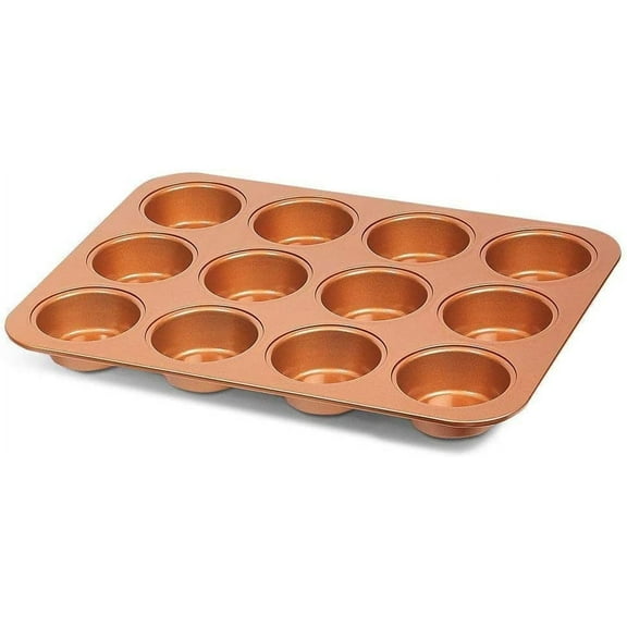 Non Stick Ceramic Coated Copper Professional Healthy 12 Cup Cake and Muffins Baking Pan Sheet, Oven and Dishwasher Safe (COPPER 12-CUP BAKING PAN)