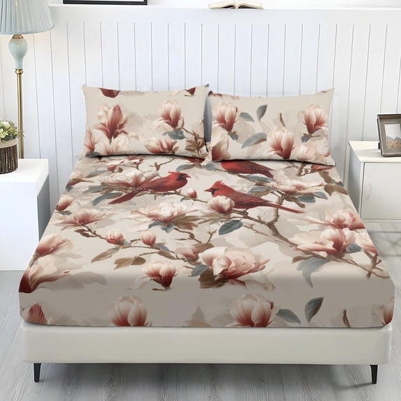 SEANATIVE Twin Size 3 Piece Bed Sheet Set with 1 Fitted Sheet and 2 Pillowcases, Soft Comfortable Stretch Bed Covers Mattress Protector for Bedroom Decor, Cardinal Bird Retro Floral