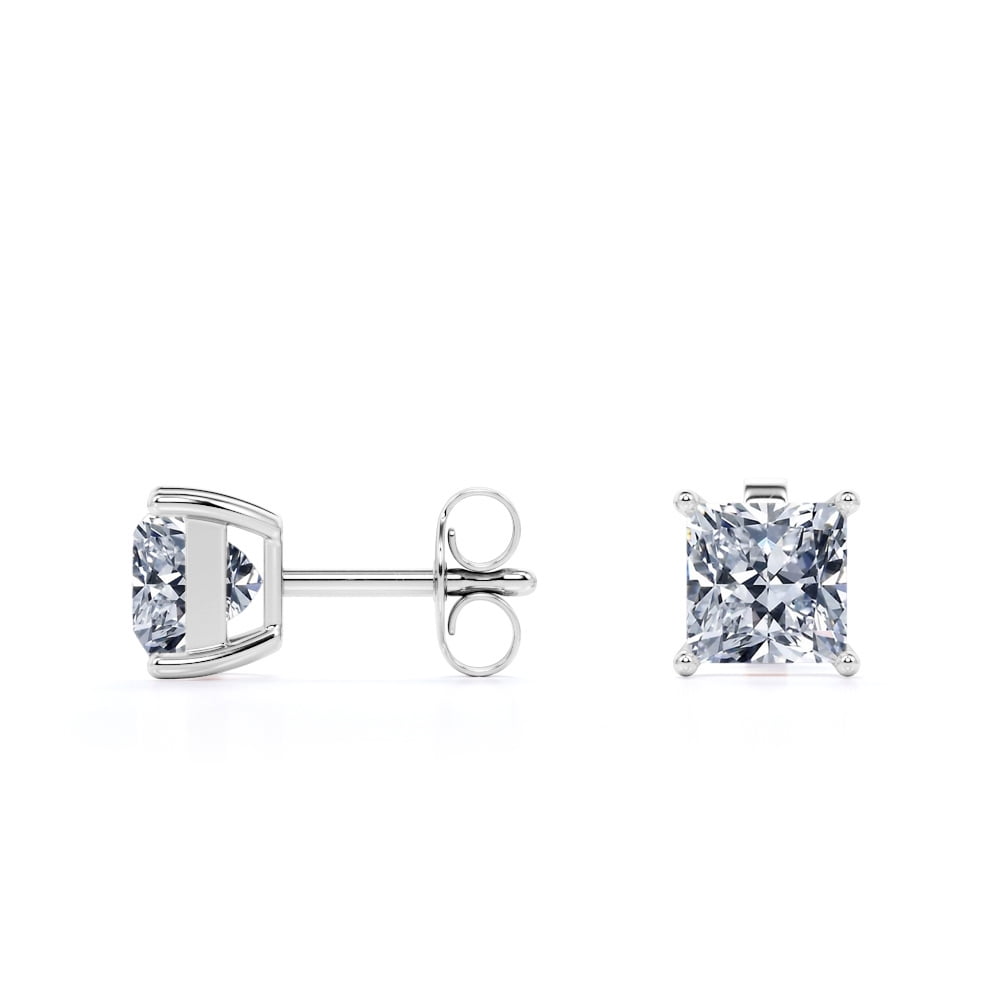 JeenMata 4 Prong - 3 Carat Princess Cut Moissanite - Solitaire Stud Earrings - 18K White Gold Plating Over Silver