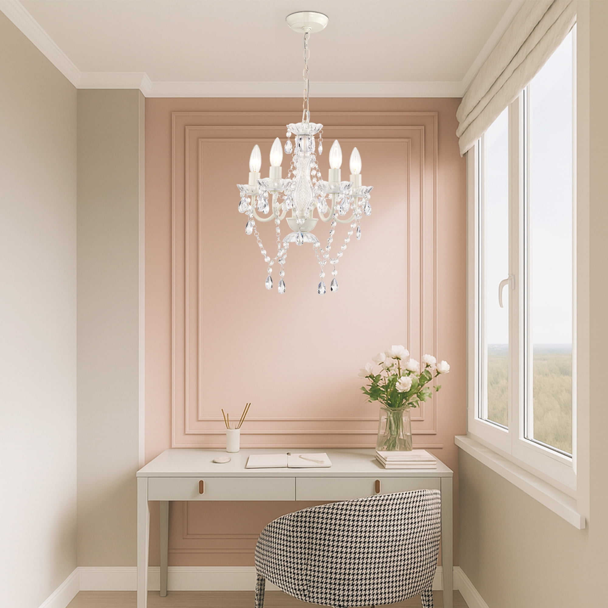 Small Crystal Chandelier Ceiling Lights White Fixture 4-Light For Dining Room Bedroom