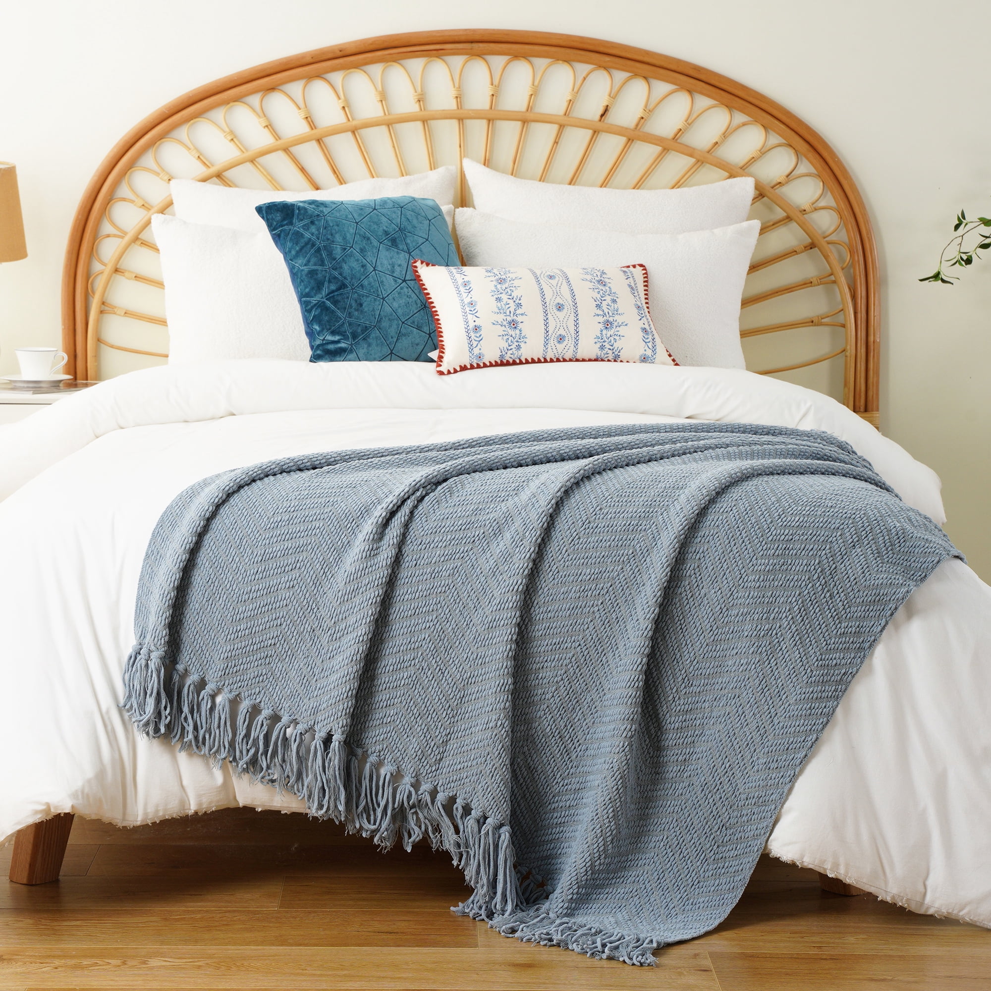 Battilo Bluish Grey Chenille Throw Blanket for Couch,Soft Knit Throws with Tassels for Living Room,50"x60"