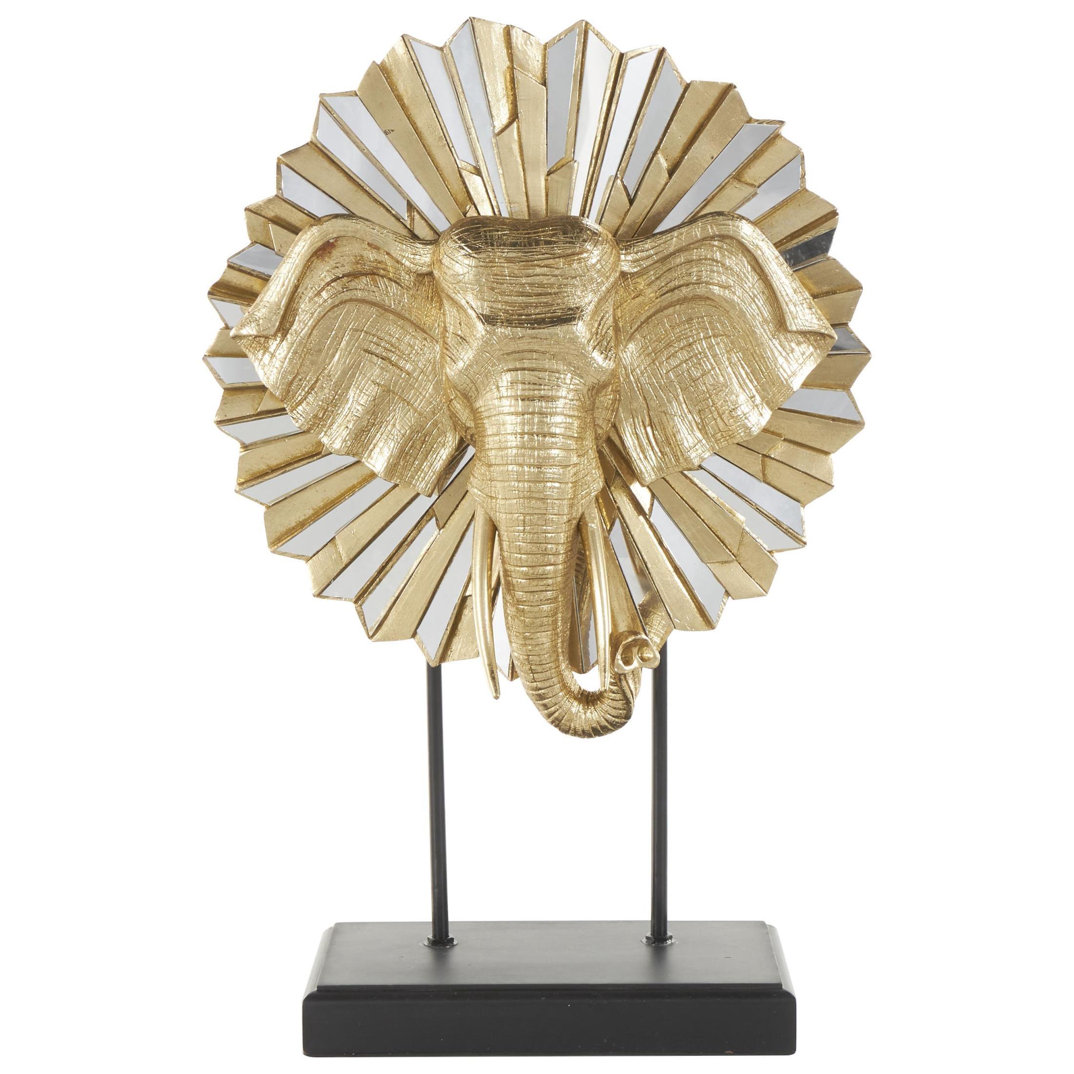 15" x 22" Gold Resin Elephant Sculpture with Mirrored Sunburst Accent and Black Stand, by DecMode
