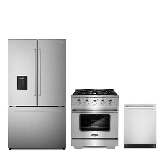 3 Piece Kitchen Package with 30" Freestanding Gas Range 24" Built-in Fully Integrated Dishwasher & French Door Refrigerator