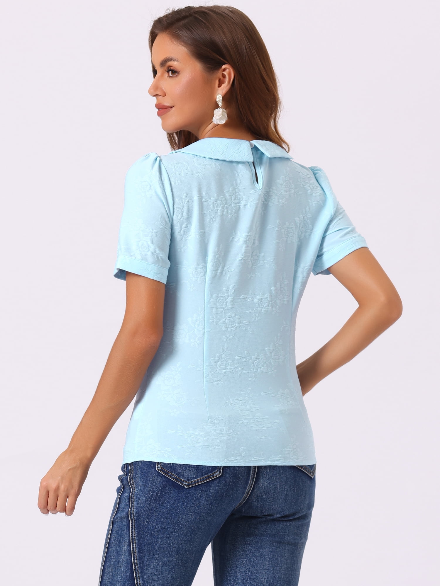 DARING DIVA Floral Puff Kawaii Peter Pan Collar Blouse XS Light Blue